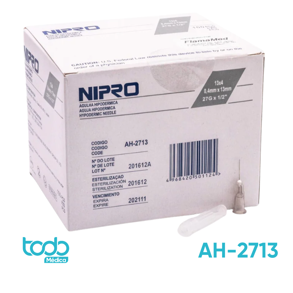 Aguja hipodérmica Nipro AH-2713 27G x 13 mm gris, caja con 100 piezas