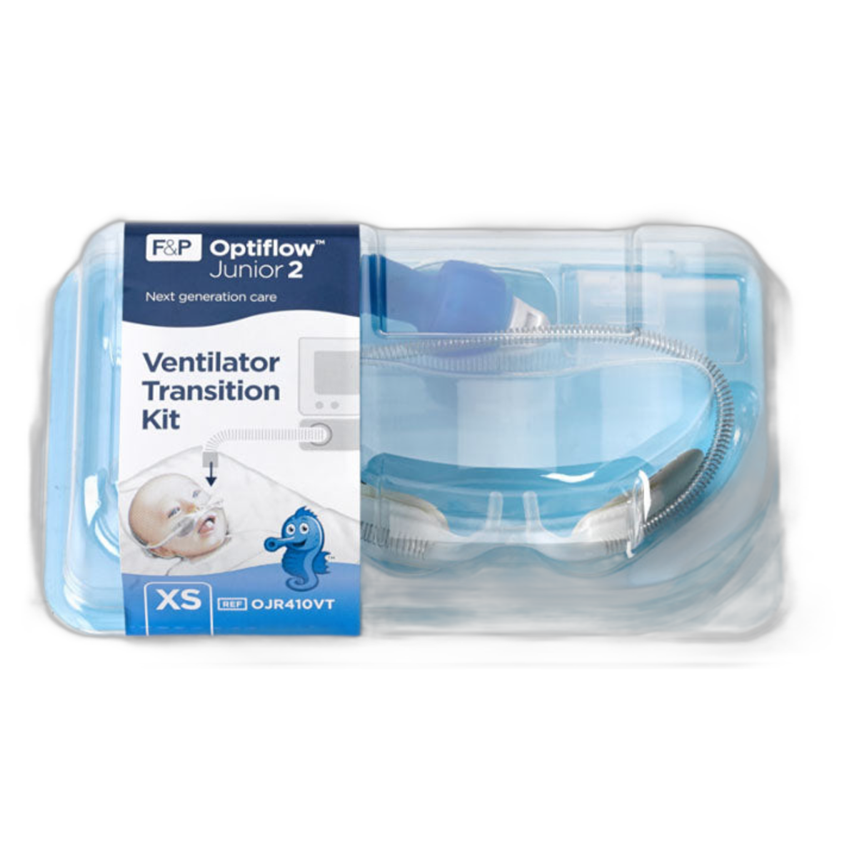 Kit de transición Fisher & Paykel Optiflow Junior 2 OJR410VT, talla XS, sobre fondo blanco