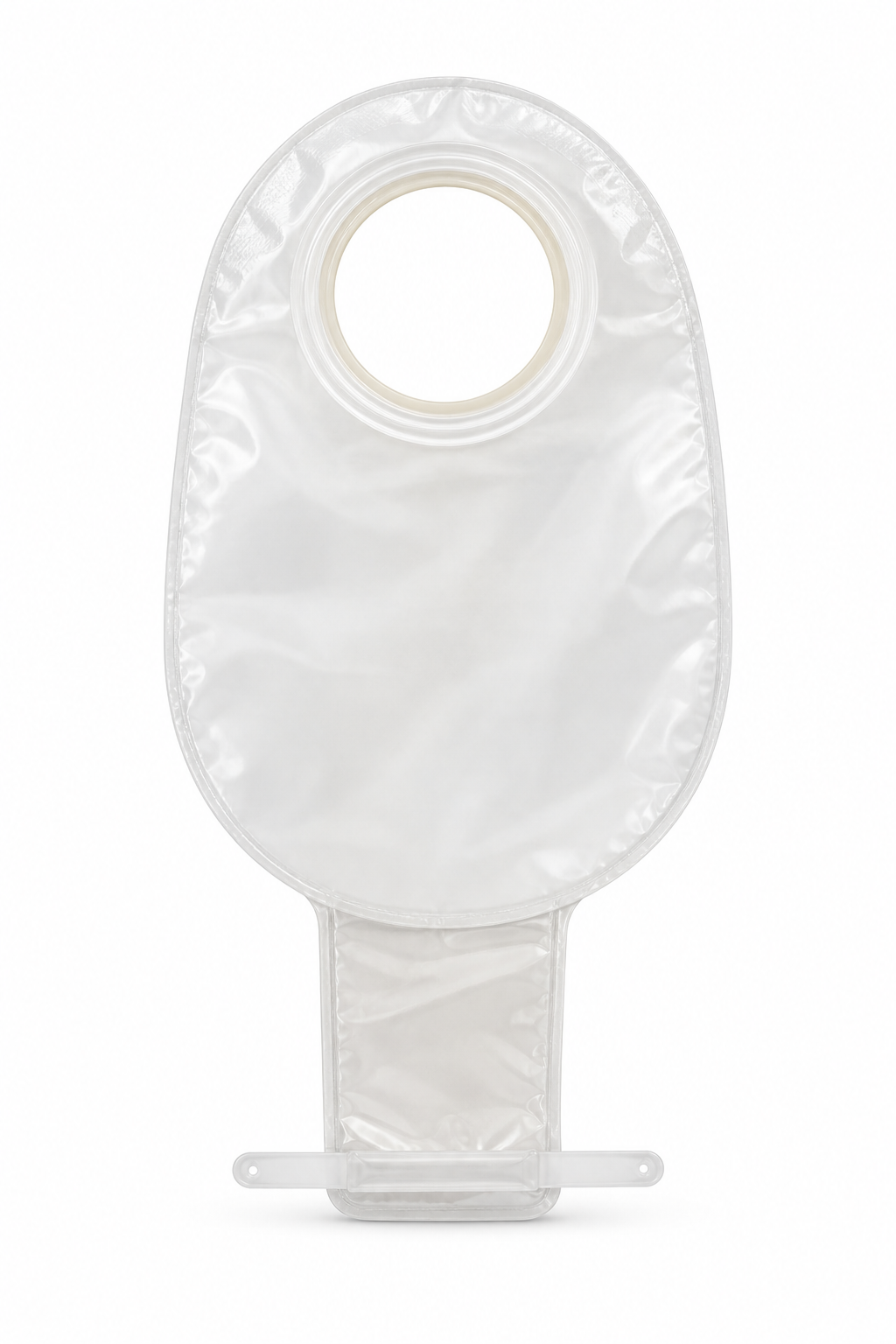 Imagen ilustrativa optimizada: Bolsa drenable transparente Ostomed para sistema de dos piezas, aro de 70 mm, sobre fondo blanco