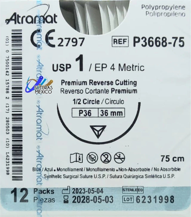 Atramat polipropileno USP 1 azul, aguja P-36 de 36 mm, 75 cm
