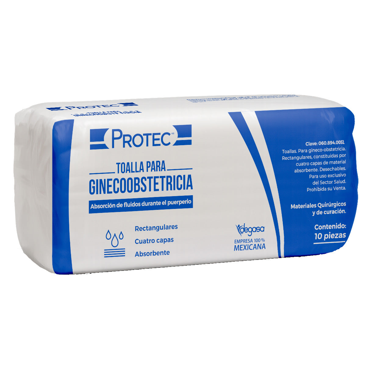 PROTEC 1174560 toalla obstétrica desechable rectangular, cuatro capas absorbentes, bolsa con 10 piezas