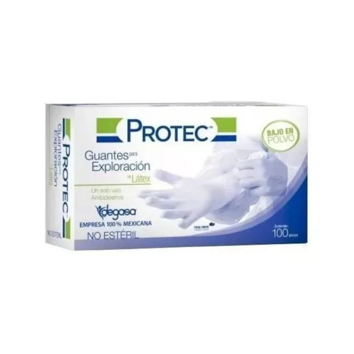 Guante de látex Protec para exploración, ambidiestro no estéril sobre fondo blanco