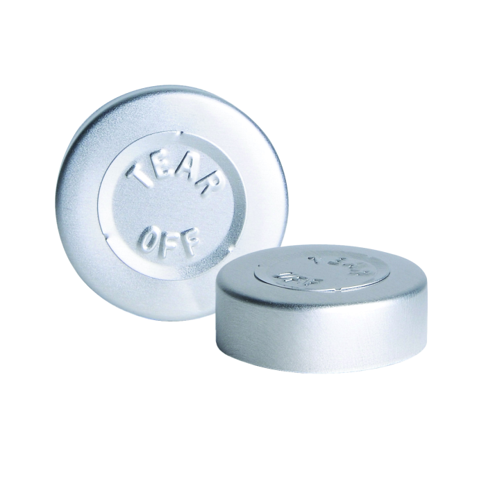 Sello WHEATON de aluminio con disco central desprendible, sin liner, color natural. Fotografía oficial ilustrativa de la serie. Medida de venta por referencia: WHE-224187-01. Caja con 1000 sellos.