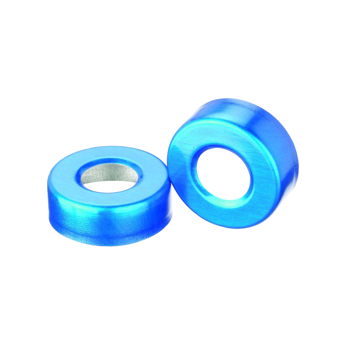 Sellos WHEATON de aluminio Open Top sin liner, color azul. Fotografía oficial ilustrativa de la serie. Medida según referencia: WHE-224178-05. Venta por caja con 1000 sellos.