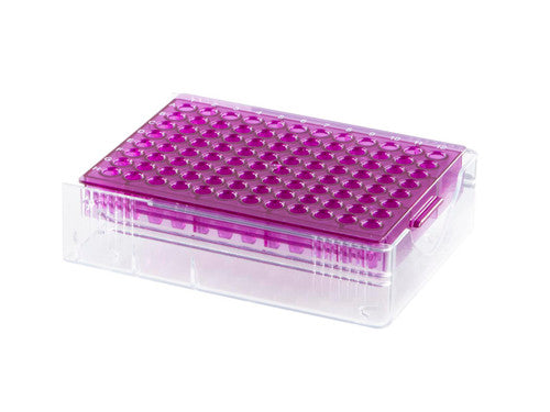 Gradilla PCR Heathrow Scientific HS120541, morado, fotografía oficial; tubos ilustrativos no incluidos