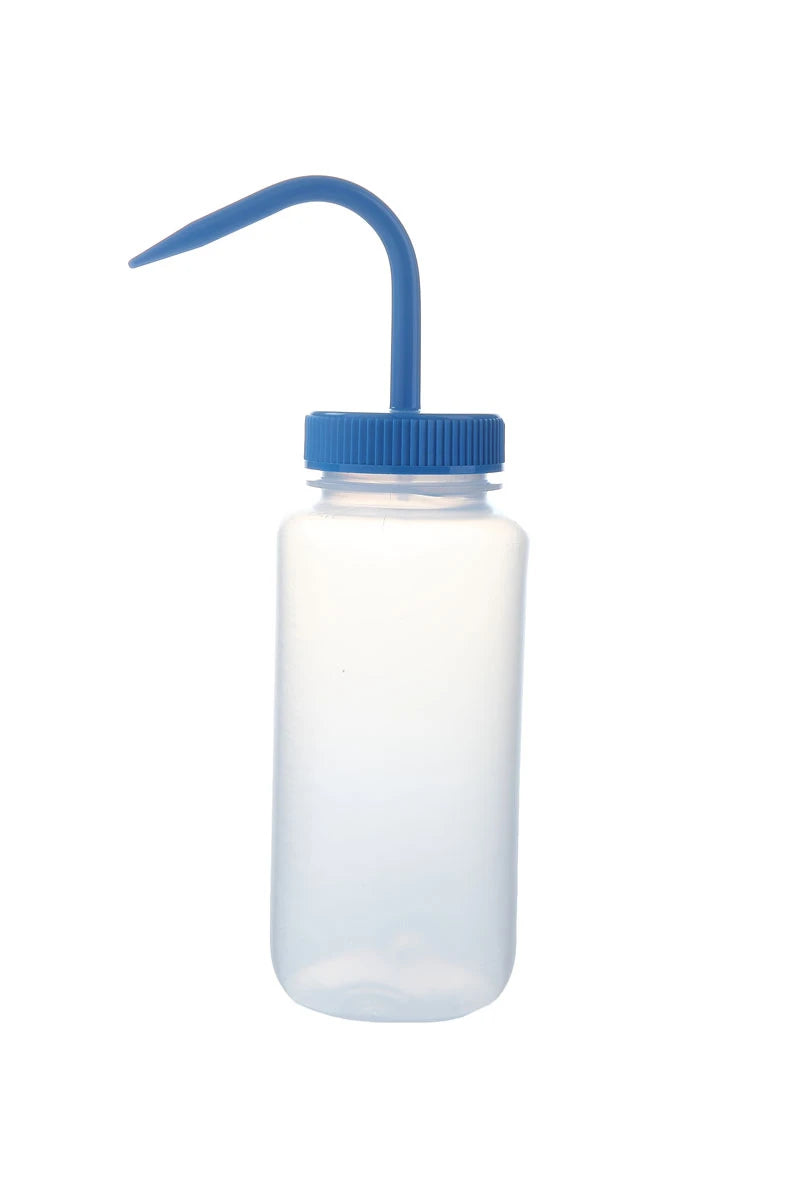 Frasco lavador Heathrow Scientific HS120249 de 500 mL con cierre azul, vista de una unidad sin líquido ni empaque
