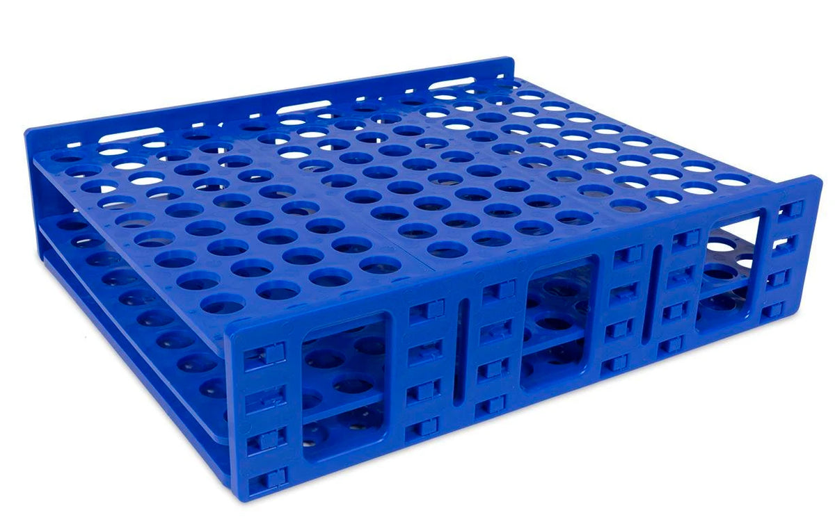 Gradilla Heathrow Scientific Mega Rack HS120835, azul, 120 posiciones y pozo de 20 mm; tubos y tapas ilustrativos no incluidos