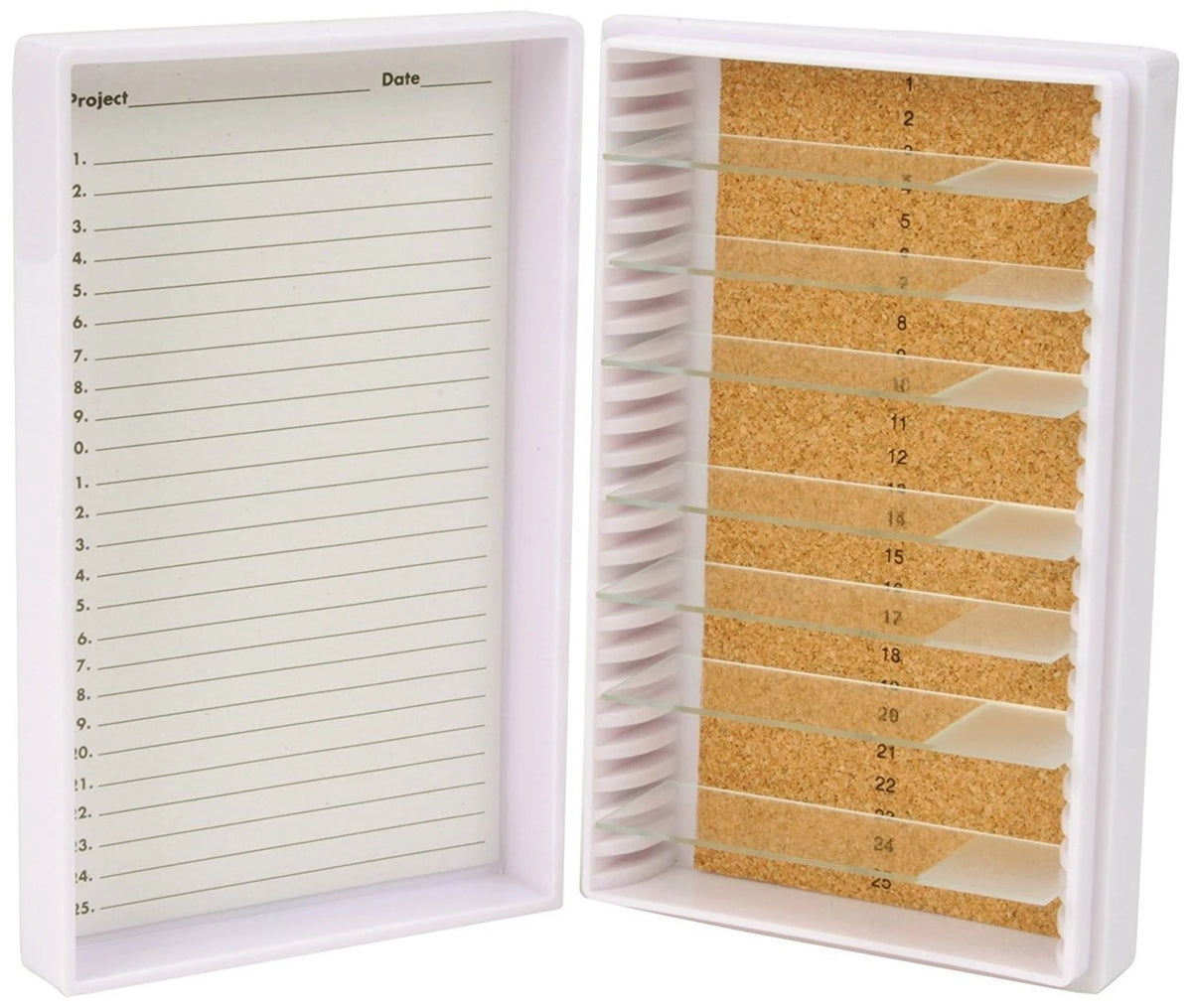 Caja Heathrow Scientific HS15989E blanco de 25 posiciones con revestimiento de corcho; portaobjetos no incluidos