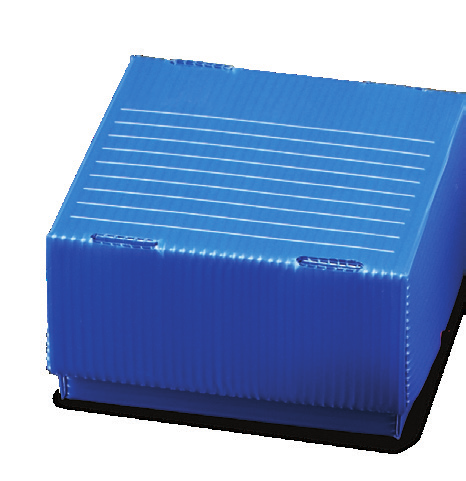 Fotografía ilustrativa de la familia de cajas de congelación de polipropileno corrugado Heathrow Scientific, color azul, caja y tapa; capacidad y posiciones según la tabla