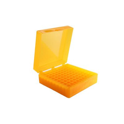 Caja para microtubos Heathrow Scientific HS120204, 100 posiciones, naranja, fotografía oficial; tubos ilustrativos no incluidos