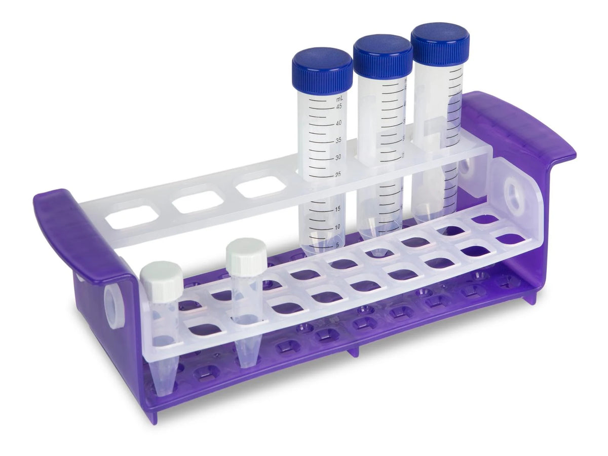Gradilla OneRack Multi Heathrow Scientific HS120818 morado/natural con insertos intercambiables; tubos ilustrativos no incluidos