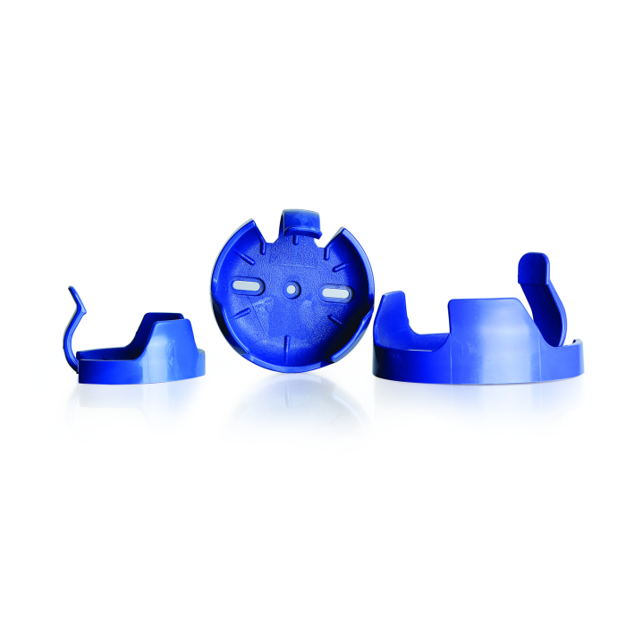 Abrazadera azul WHEATON de polipropileno para matraz de agitación; fotografía oficial ilustrativa de la serie. Capacidad compatible según referencia: WHE-WPSFC0250, WHE-WPSFC0500, WHE-WPSFC1000, WHE-WPSFC2000. Una abrazadera; matraz no incluido.
