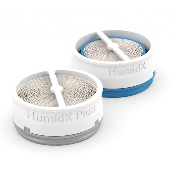 Familia HumidX: Plus gris al frente y Standard azul al fondo; venta de un cartucho Plus para AirMini