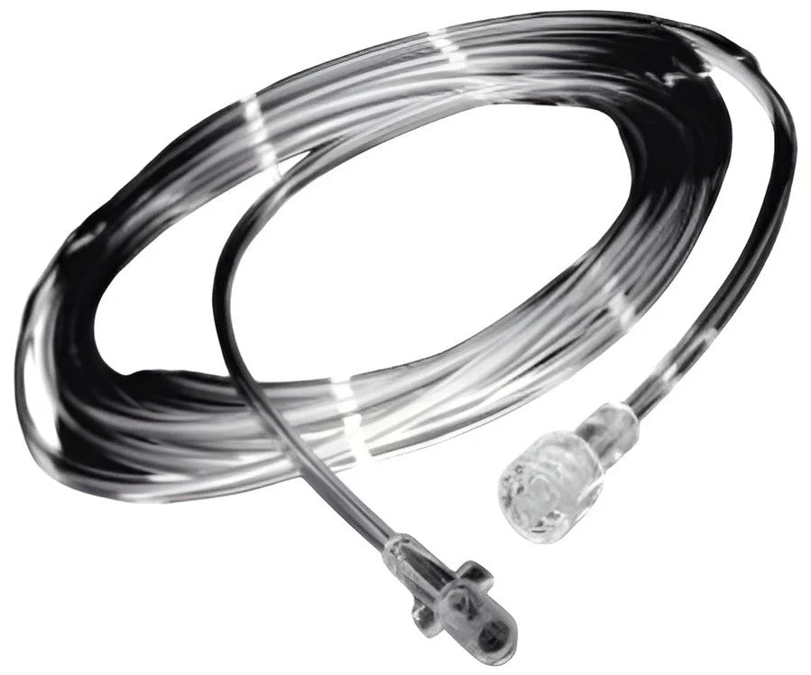 Línea de muestreo de CO₂ Salter Labs, configuración Luer macho-hembra. Fotografía de referencia completa de la línea y sus dos conectores.