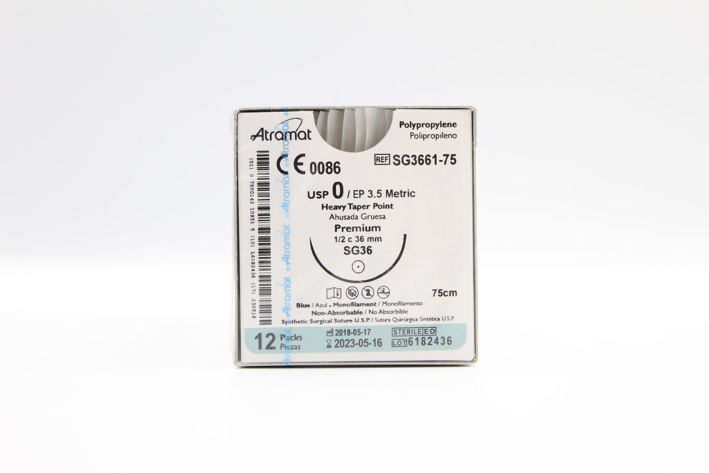 Atramat polipropileno USP 0 azul, aguja SG-36 de 36 mm, 75 cm