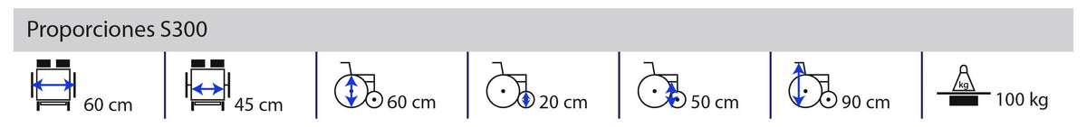 Gráfica Proporciones S300 del fabricante, con cifras en centímetros y 100 kg