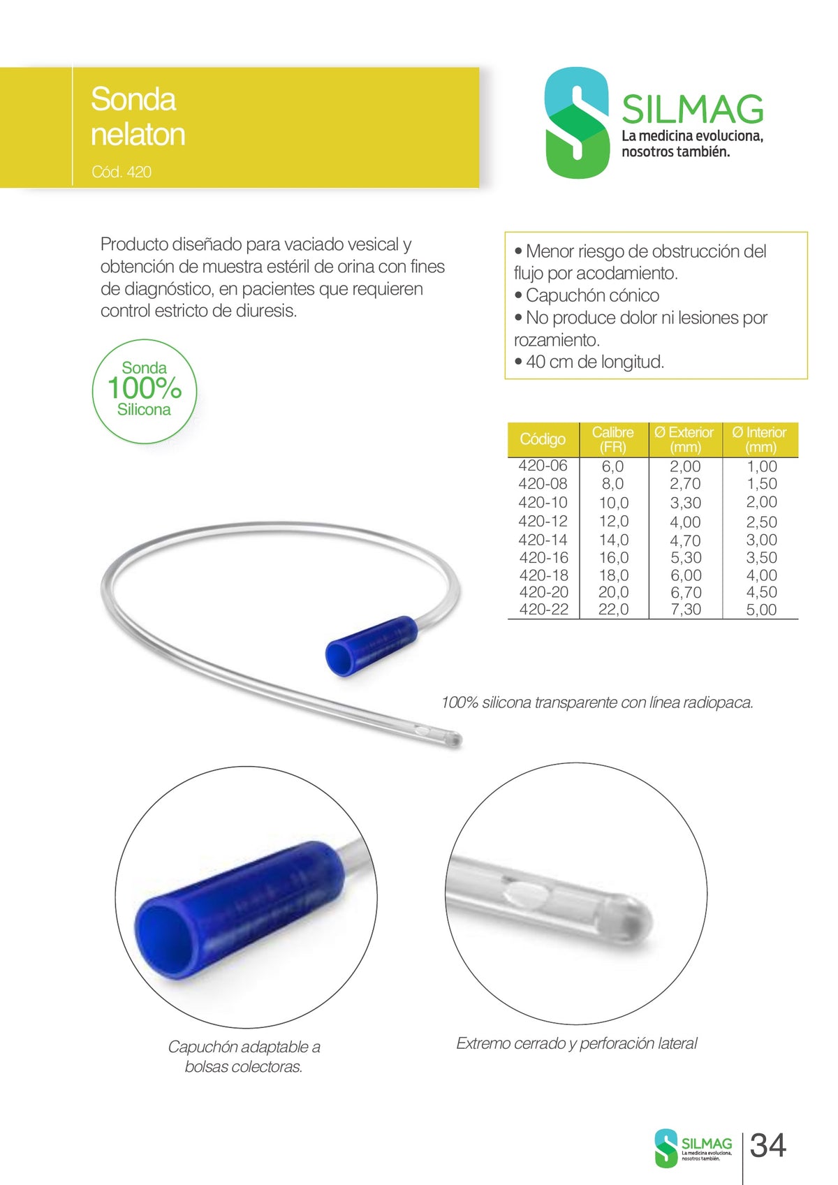 Catálogo Silmag cód. 420: sonda Nelaton 100% silicona, 420-06 6 Fr, 420-08 8 Fr y 420-10 10 Fr, 40 cm