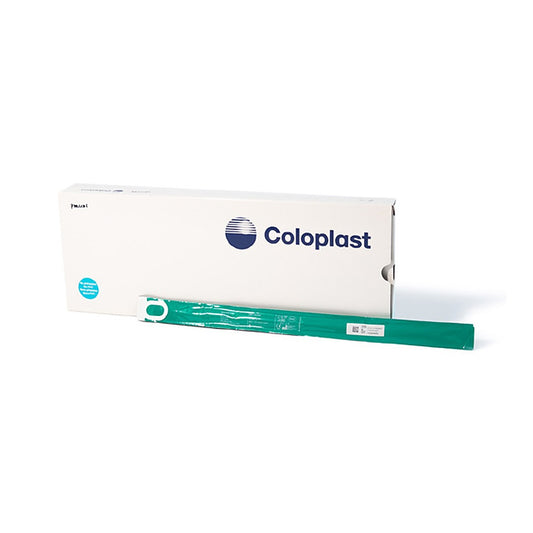 Caja con 30 piezas del catéter SpeediCath Standard masculino de Coloplast junto al sobre individual
