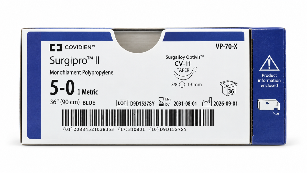 Caja Covidien Surgipro II VP-70-X, polipropileno azul 5-0 de 90 cm, doble aguja CV-11 de 13 mm y 36 suturas