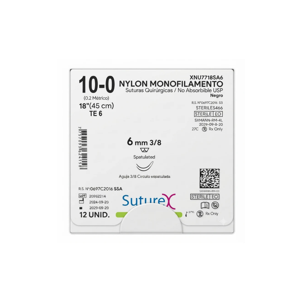 Imagen de familia Suturex nylon10-0: etiqueta XNU7718SA6 con dos agujasTE6 de6mm; referencia ofertada XNCU10230S10B, sin equivalencia acreditada