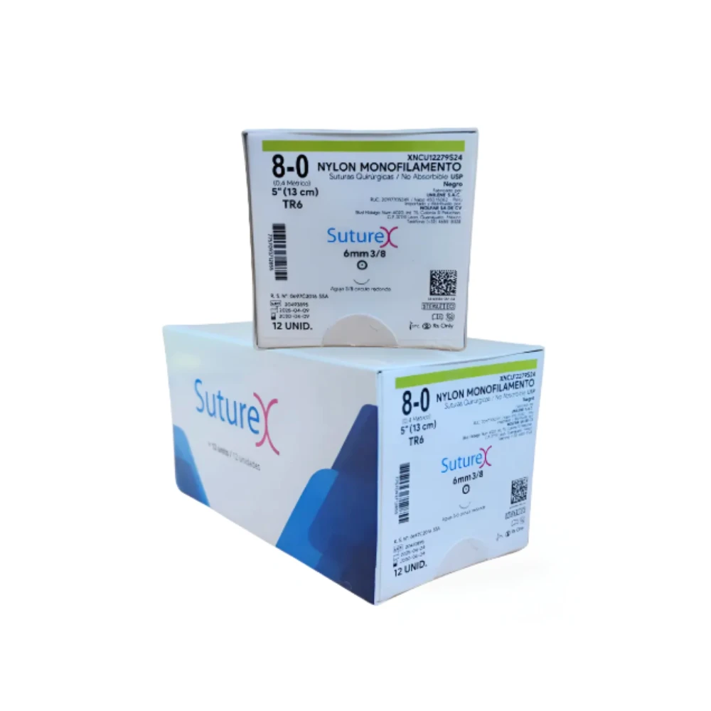 Caja de 12 suturas Suturex XNCU12279S24, nylon monofilamento negro no absorbible, calibre 8-0, hebra 13 cm y aguja redonda TR6 de 6 mm, 3/8 de círculo.