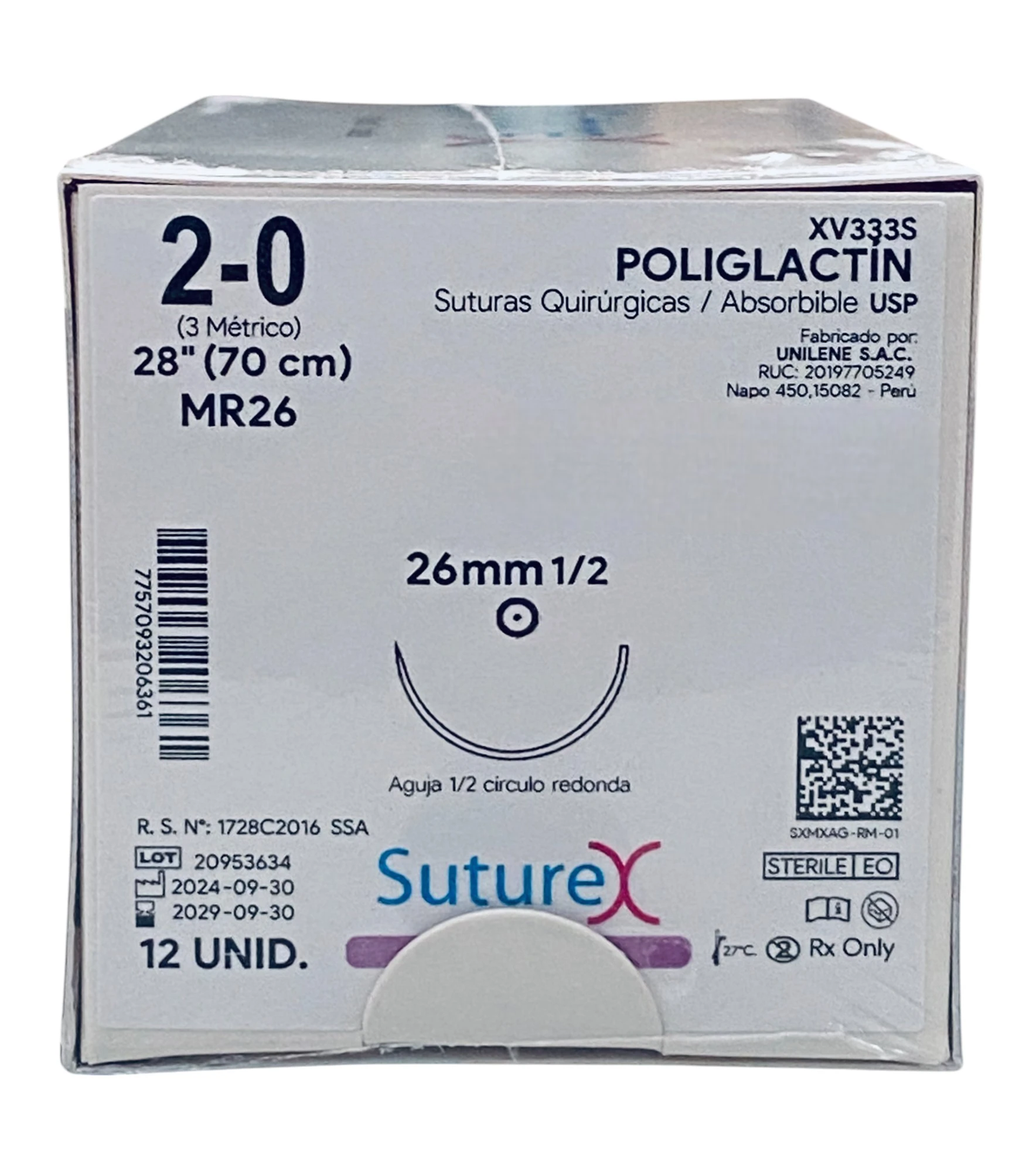 Caja de 12 suturas Suturex XV333S, poliglactin absorbible, calibre 2-0, hebra 70 cm y aguja redonda MR26 de 26 mm, 1/2 círculo.