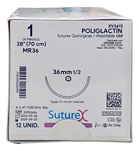 Caja de 12 suturas Suturex XV341S, poliglactin absorbible, calibre 1, hebra 70 cm y aguja redonda MR36 de 36 mm, 1/2 círculo.
