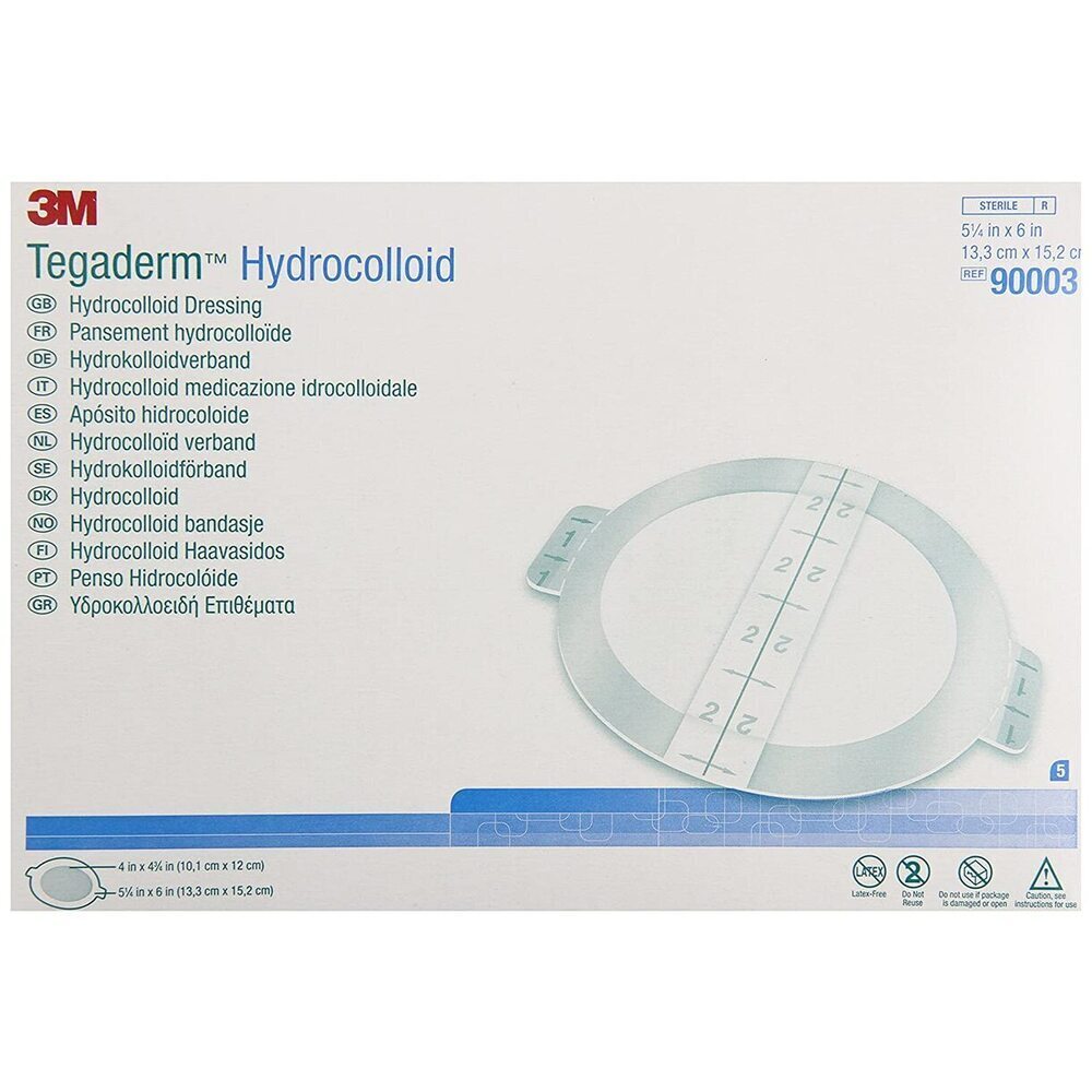 Caja 3M Tegaderm hidrocoloide REF 90003, apósito ovalado 10 × 12 cm sobre blanco
