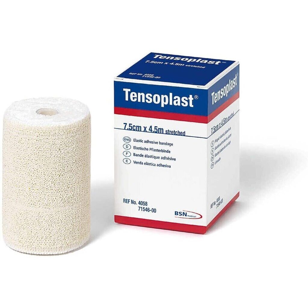 Tensoplast BSN, venda elástica adhesiva de 7.5 cm × 2.7 m, referencia 7154600, sobre fondo blanco