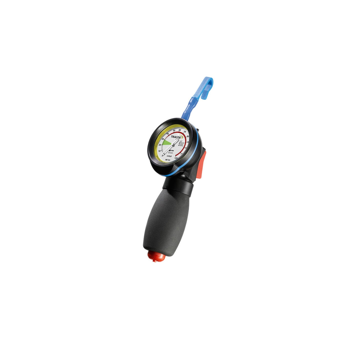Monitor TRACOE 721 de presión de balón, manómetro de mano con carátula de 0 a 120 cmH₂O, perilla negra, botón rojo y gancho azul