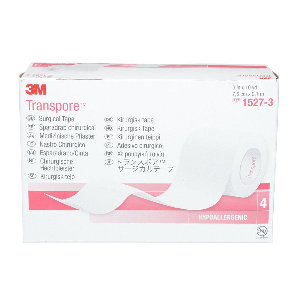 Caja 3M Transpore 1527-3, cinta quirúrgica transparente 7.6 cm × 9.1 m, 4 rollos