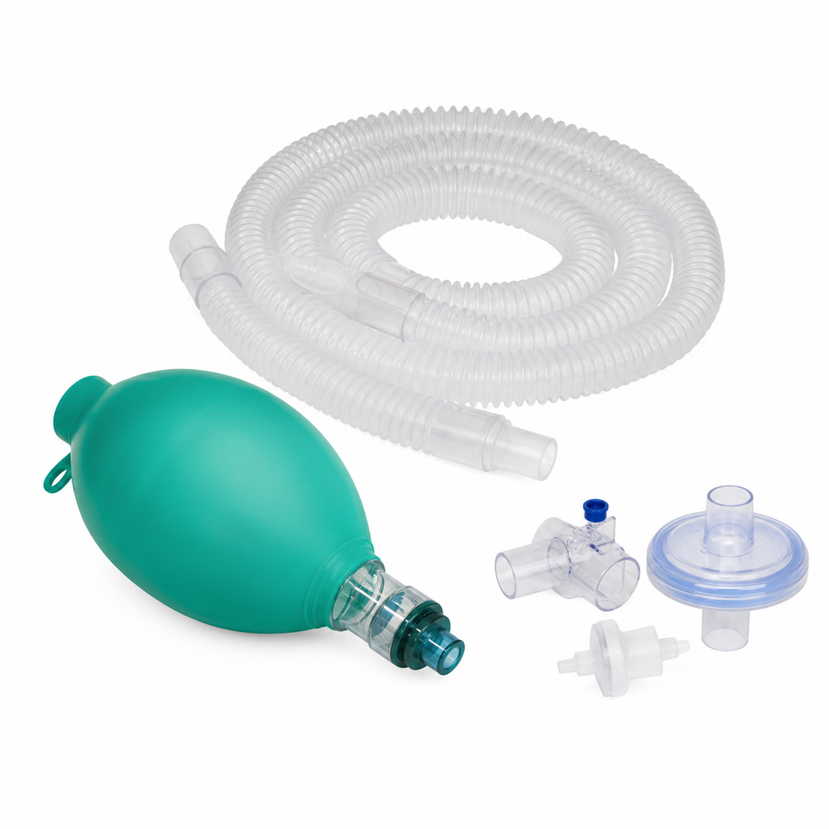 Imagen ilustrativa optimizada: Wellead circuito de anestesia adulto expandible de 0.89 a 2.4 m, con bolsa de 3 L, filtro bacteriano y puerto de CO₂, sobre fondo blanco