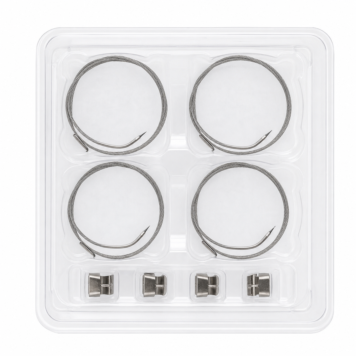 Imagen ilustrativa optimizada: Zimmer Biomet 400-411, cuatro cables esternales de acero inoxidable de 1.1 mm con agujas de corte inverso y cuatro abrazaderas, sobre fondo blanco