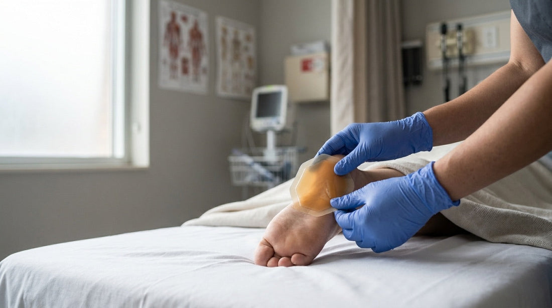 Enfermera con guantes aplicando un apósito hidrocoloide translúcido sobre el talón de un paciente