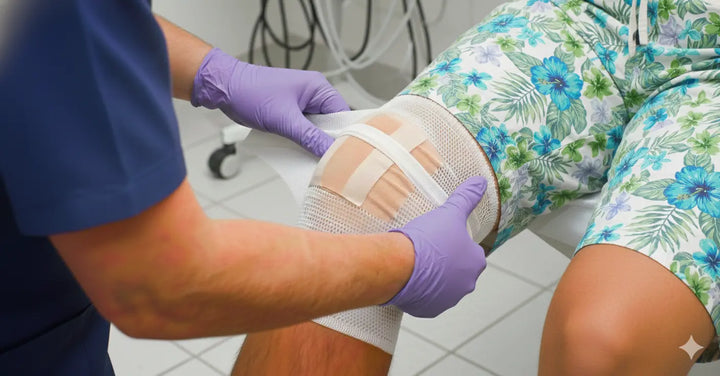 Profesional de salud con guantes fijando un apósito sobre la rodilla de un paciente con una venda tubular de malla