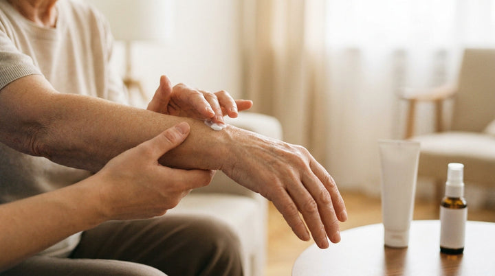 Aplicación de una crema barrera protectora sobre la piel del antebrazo de una persona mayor