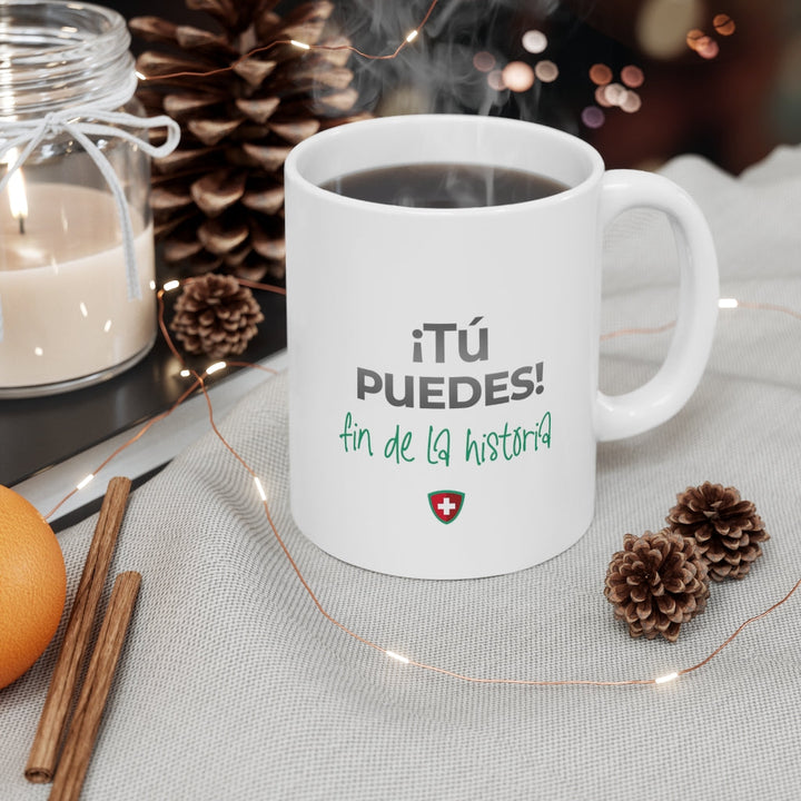 una taza con el texto impreso, ¡tú puedes fin de la historia!