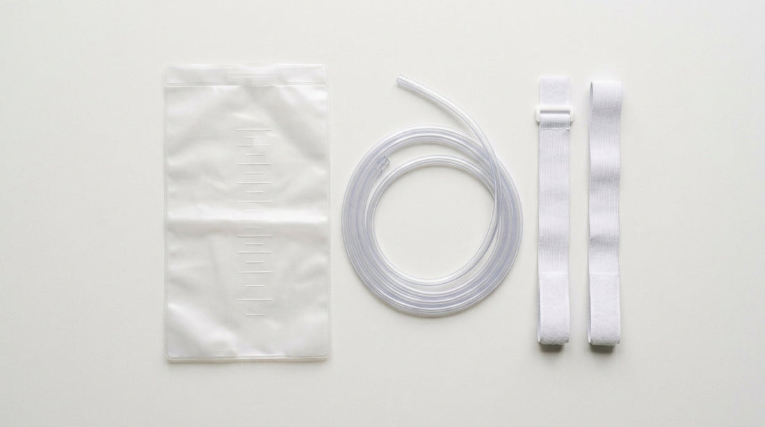Bolsa recolectora de pierna, tubo de drenaje y correas de sujeción de un sistema de incontinencia urinaria masculina
