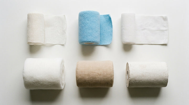 Seis rollos de venda de distintos tipos sobre fondo blanco: gasa elástica, cohesiva, tubular, de espuma, de compresión de algodón y de yeso