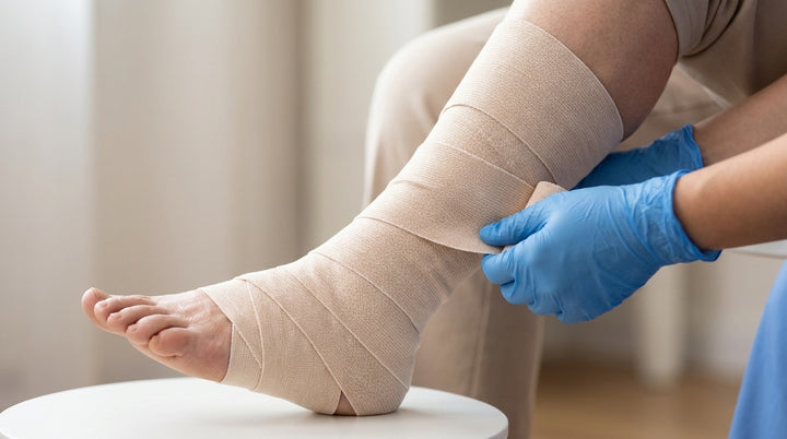 Profesional de enfermería aplicando un vendaje de compresión por capas en la pierna de una paciente, desde el pie hasta debajo de la rodilla