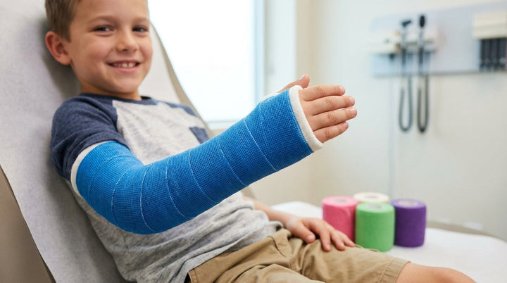 Niño sonriente con un yeso de fibra de vidrio azul en el antebrazo, junto a rollos de venda de casting rosa, verde y morado