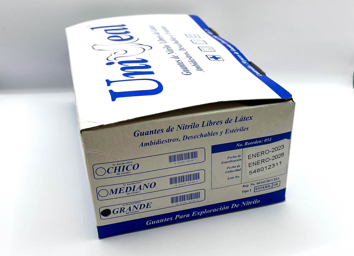 Caja UniSeal 054-8 guante de nitrilo estéril para exploración talla grande, 50 pares, sobre blanco