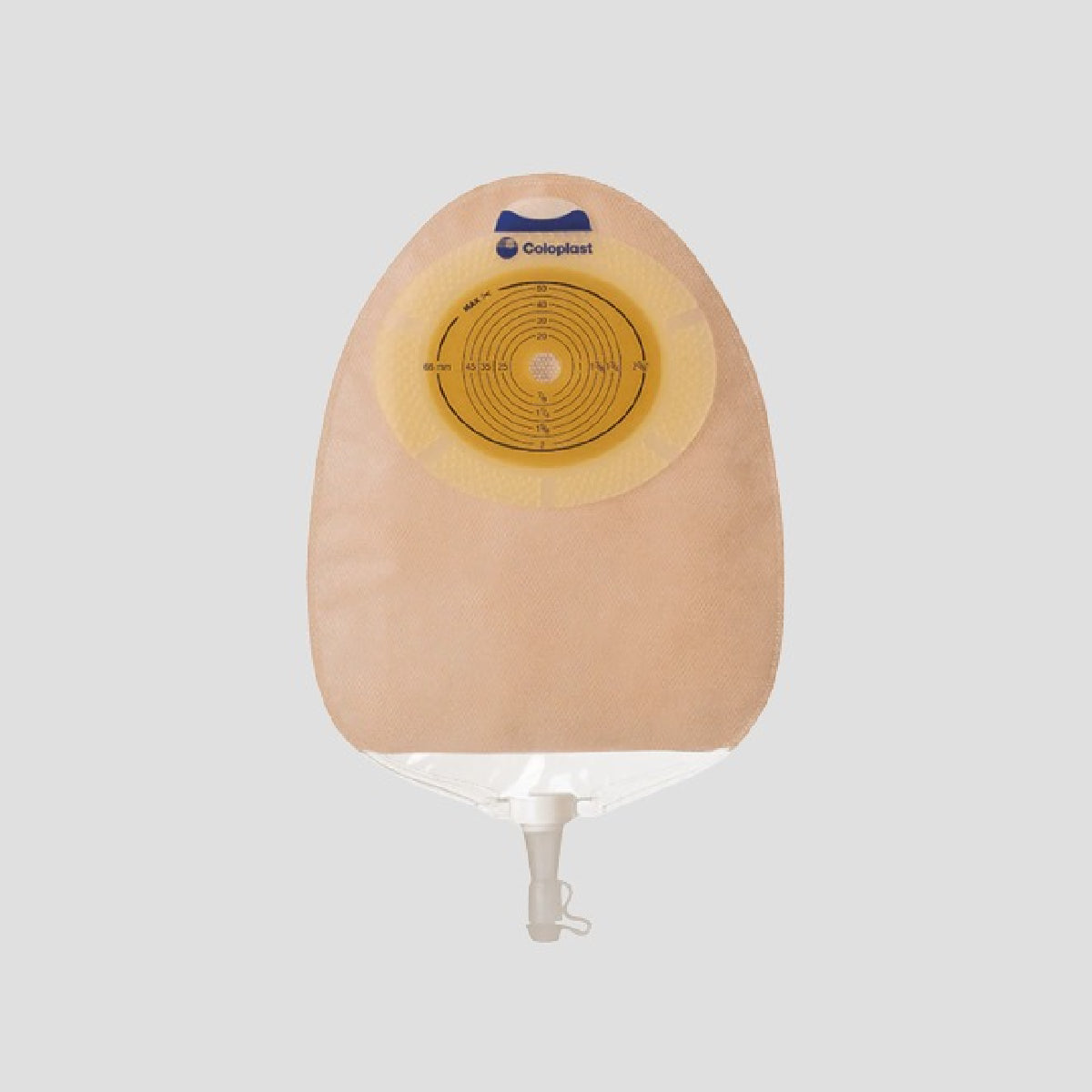Bolsa Coloplast SenSura 11804 de urostomía 1 pieza, barrera plana recortable hasta 76 mm y grifo de vaciado, sobre fondo claro