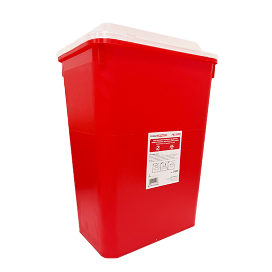 Contenedor rojo Punzo Safe de 13 litros en vista lateral, con etiqueta y UPC 792604000493