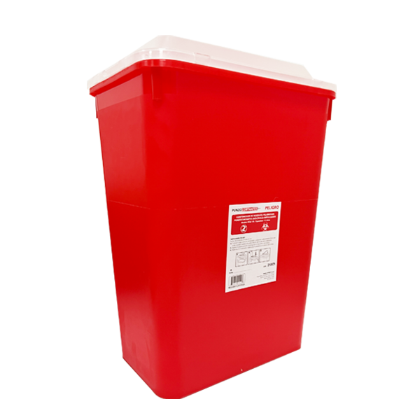 Contenedor rojo Punzo Safe de 13 litros en vista lateral, con etiqueta y UPC 792604000493