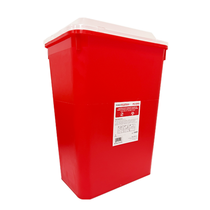 Contenedor rojo Punzo Safe de 13 litros en vista lateral, con etiqueta y UPC 792604000493