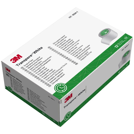 Caja 3M Transpore White 1534-1, cinta quirúrgica blanca 2.5 cm × 9.1 m, 12 rollos