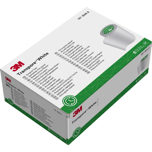 Caja 3M Transpore White 1534-2, cinta quirúrgica blanca 5 cm × 9.1 m, 6 rollos