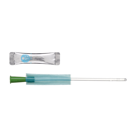 Catéter urinario GentleCath Glide femenino de ConvaTec extendido, con la manga protectora sin contacto y el sachet de agua que activa el recubrimiento hidrofílico