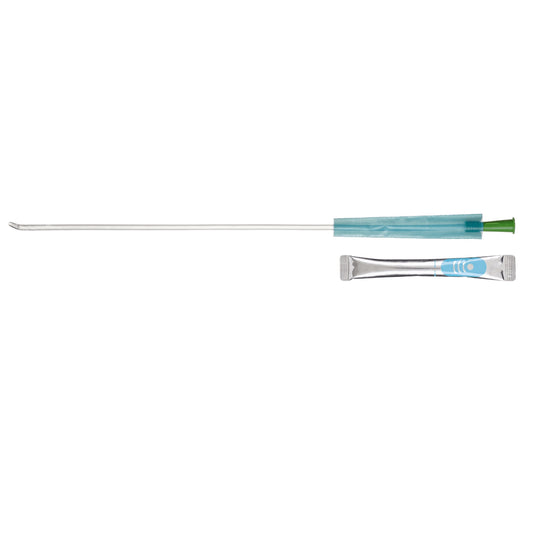 Catéter urinario GentleCath Glide masculino de ConvaTec extendido, con la manga protectora sin contacto y el sachet de agua que activa el recubrimiento hidrofílico